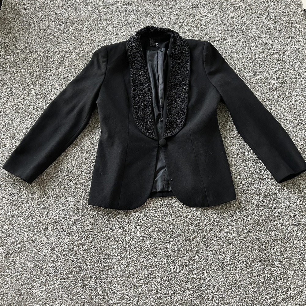 Morgan Taylor Studio Blazer Jacket Womens 8P Black Beaded Tuxedo Evening Lined